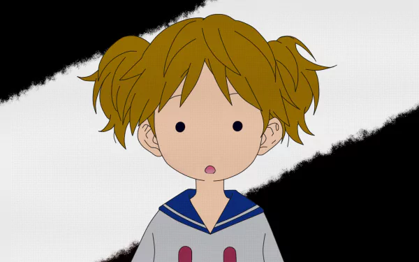 HD PC wallpaper of Nagi Aiza (Your Lie in April): chibi-style anime girl with brown pigtails and a surprised expression in a sailor uniform against a black-and-white diagonal background.