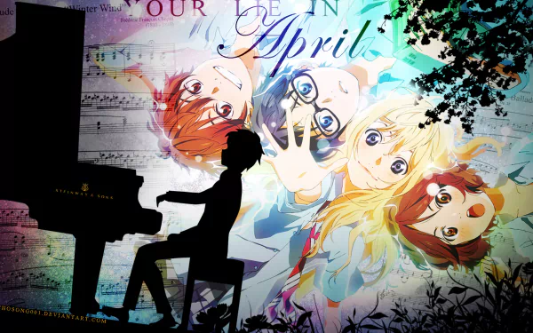HD desktop wallpaper of the anime Your Lie in April featuring Ryota Watari, Tsubaki Sawabe, Kousei Arima, and Kaori Miyazono. A silhouette of a pianist sits before a vibrant background.