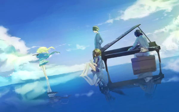 HD wallpaper featuring Ryota Watari, Tsubaki Sawabe, Kousei Arima, and Kaori Miyazono from the anime Your Lie in April. The characters are set against a serene, reflective water backdrop with a piano.