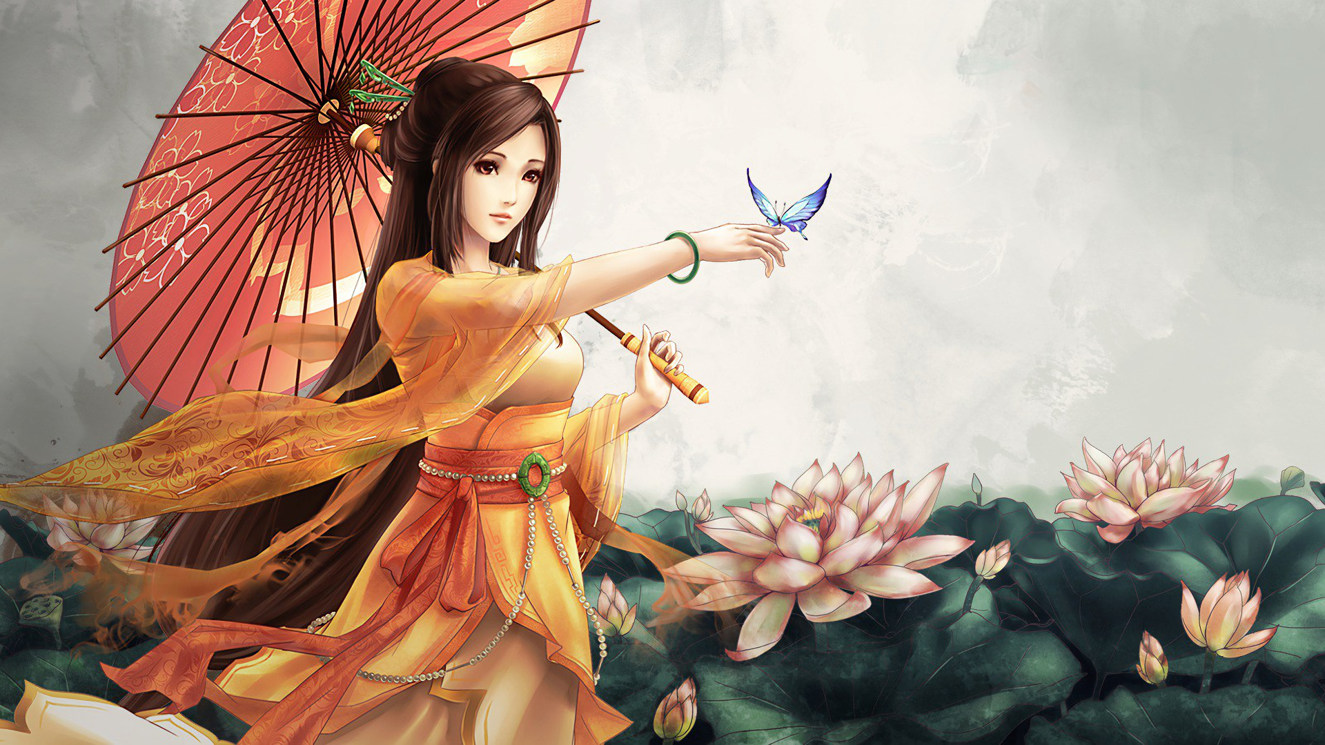 Download Brown Hair Brown Eyes Long Hair Lotus Oriental Spring Parasol
