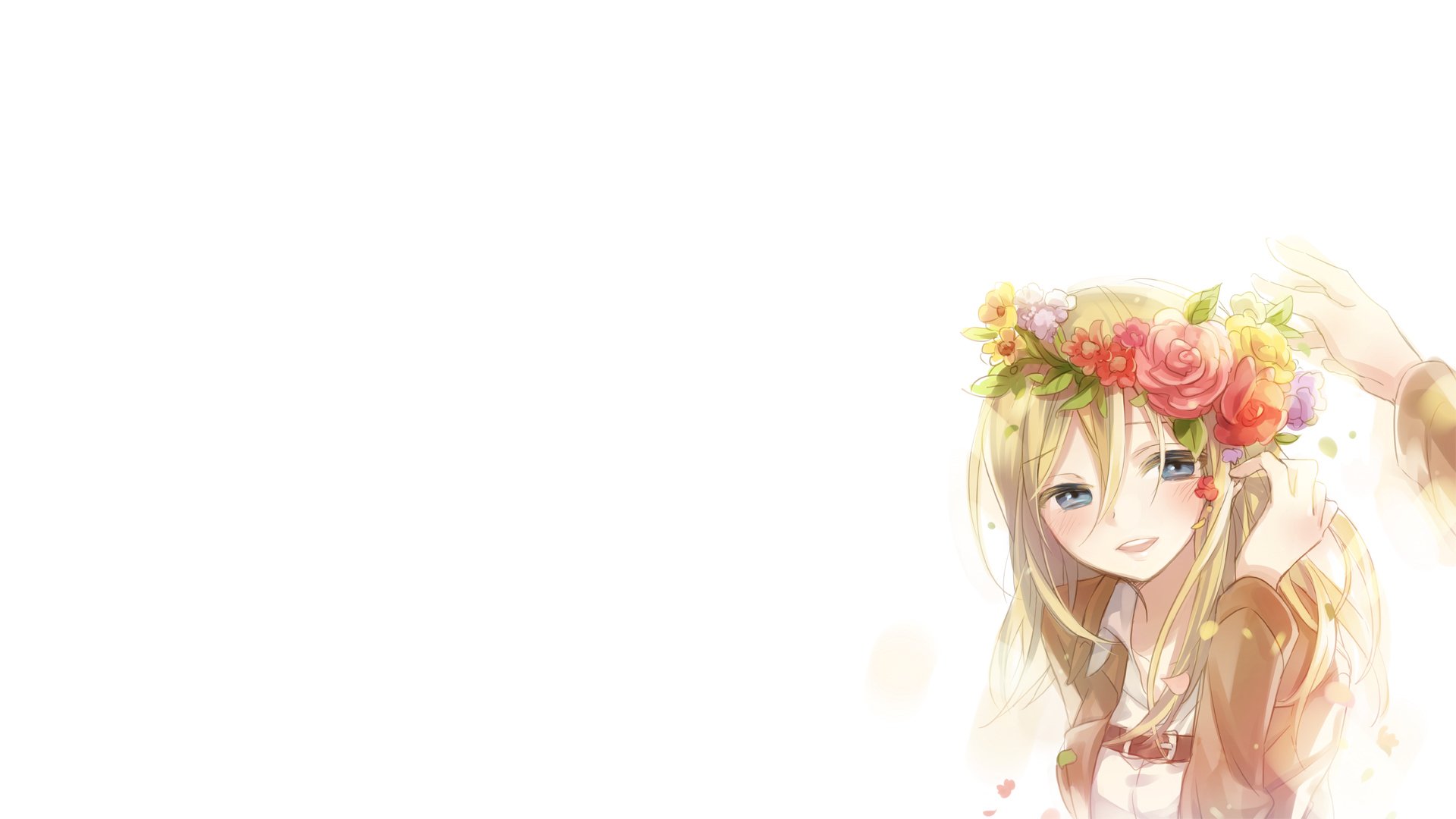 Historia Reiss (Attack on Titan), watercolor anime portrait with a flower crown, smiling at right on a white background — HD PC desktop wallpaper