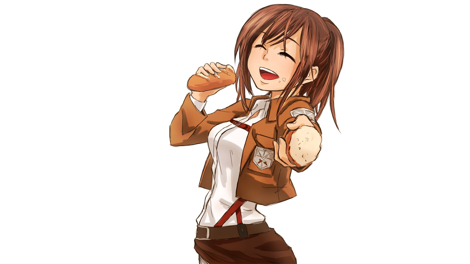 Sasha Blouse (Attack on Titan) laughing and holding bread, wearing her Survey Corps jacket — HD PC desktop wallpaper/background with a clean white backdrop.