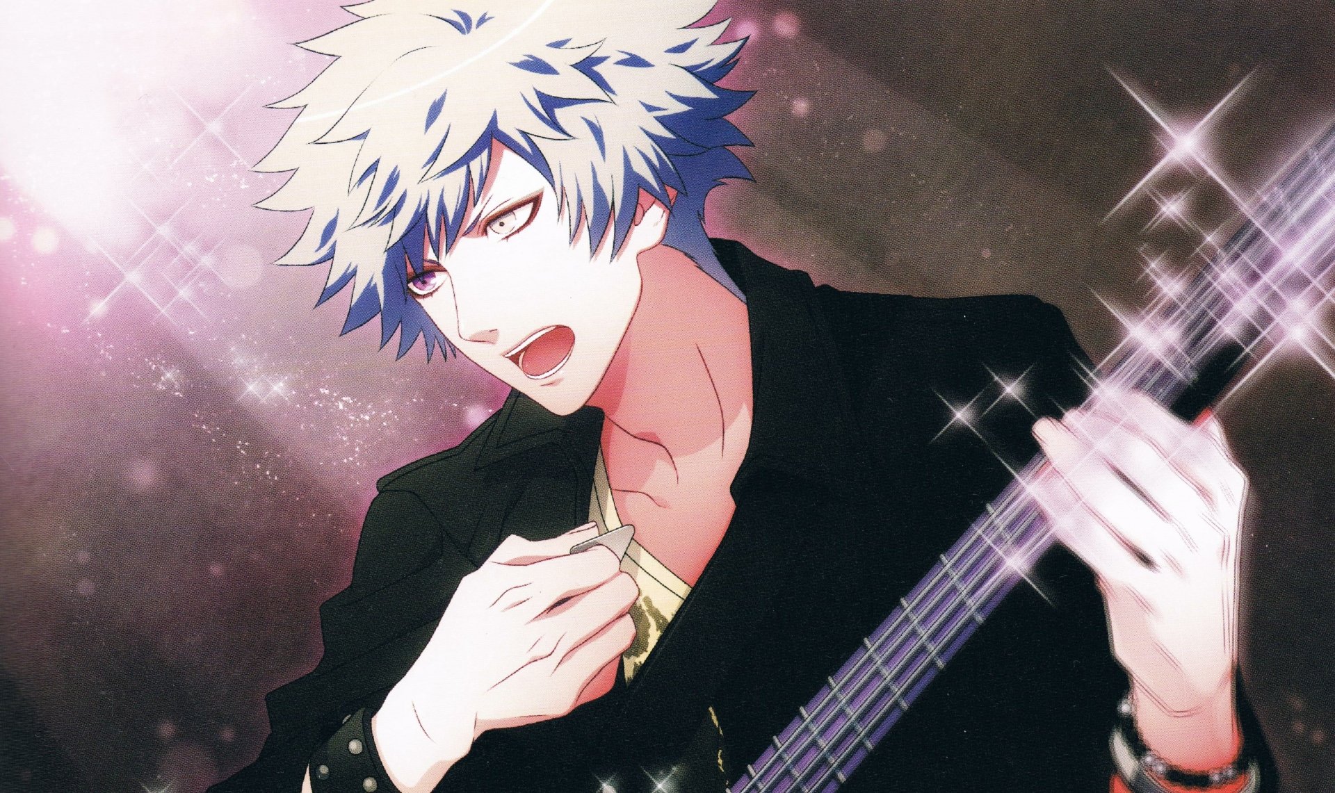 Kurosaki Ranmaru from Uta no Prince-sama singing and playing bass in a stylized anime portrait, 4K Ultra HD PC desktop wallpaper/background.