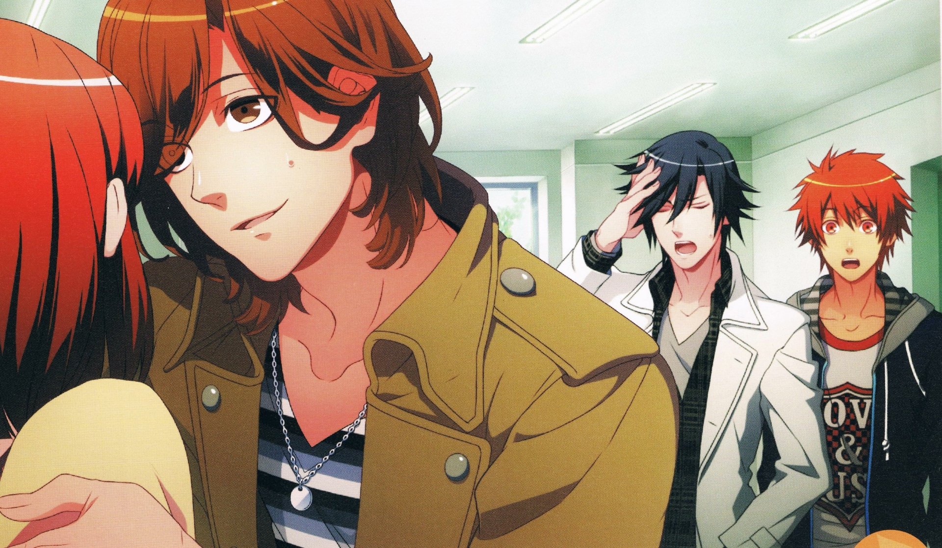 Uta no Prince-sama 4K wallpaper showing Nanami Haruka and Kotobuki Reiji in the foreground, Ichinose Tokiya clutching his head and Ittoki Otoya standing at right in a bright room.