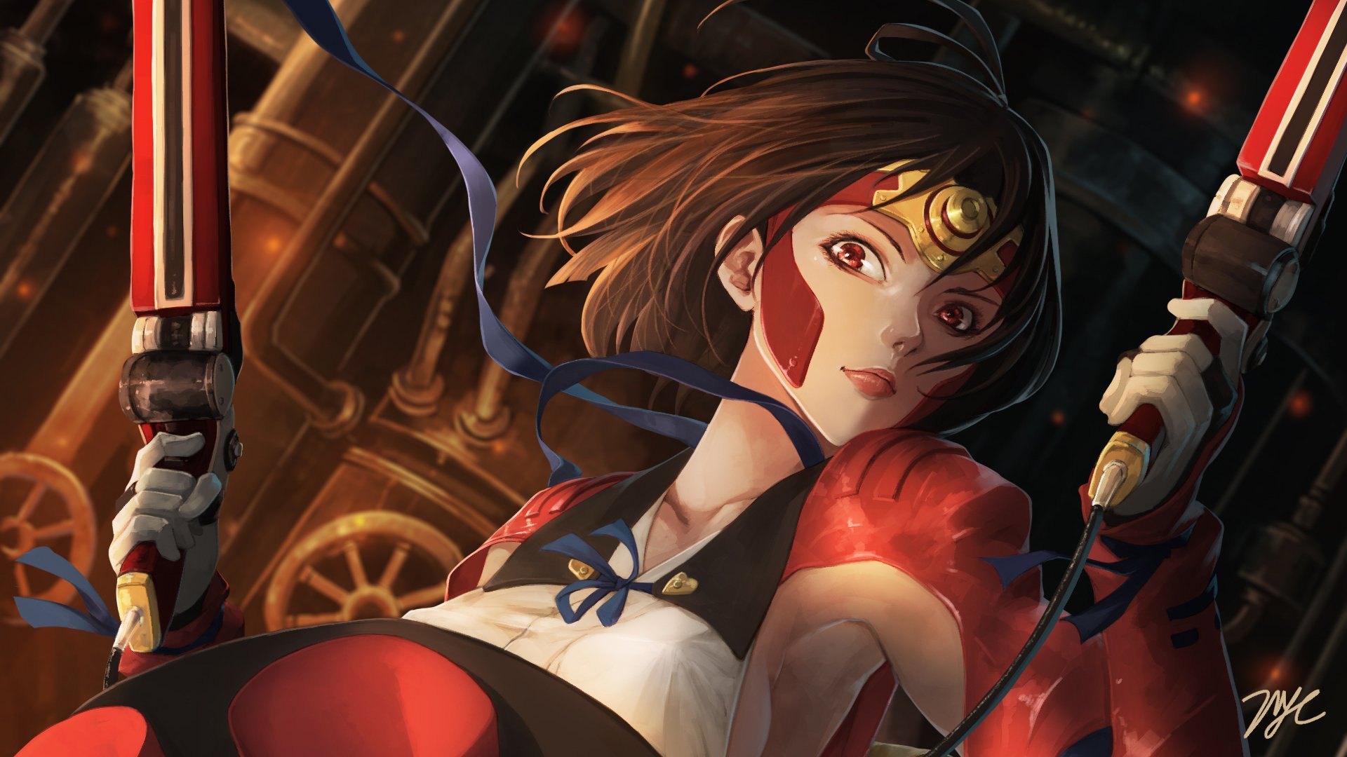 HD PC desktop wallpaper featuring Mumei from the anime Kabaneri of the Iron Fortress, showcasing dynamic action and detailed character design.