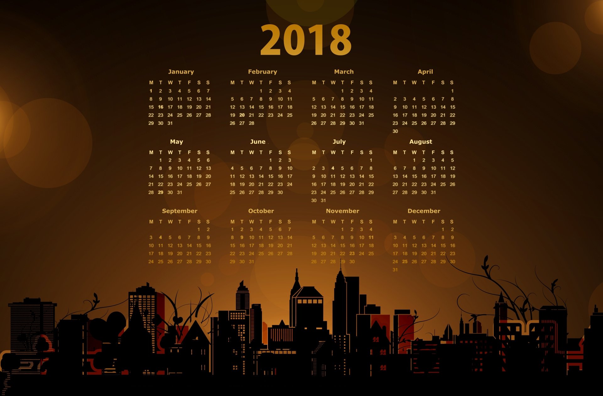 2018 calendar displayed over a dark city skyline silhouette in a 4K Ultra HD PC desktop wallpaper with warm brown and orange tones.
