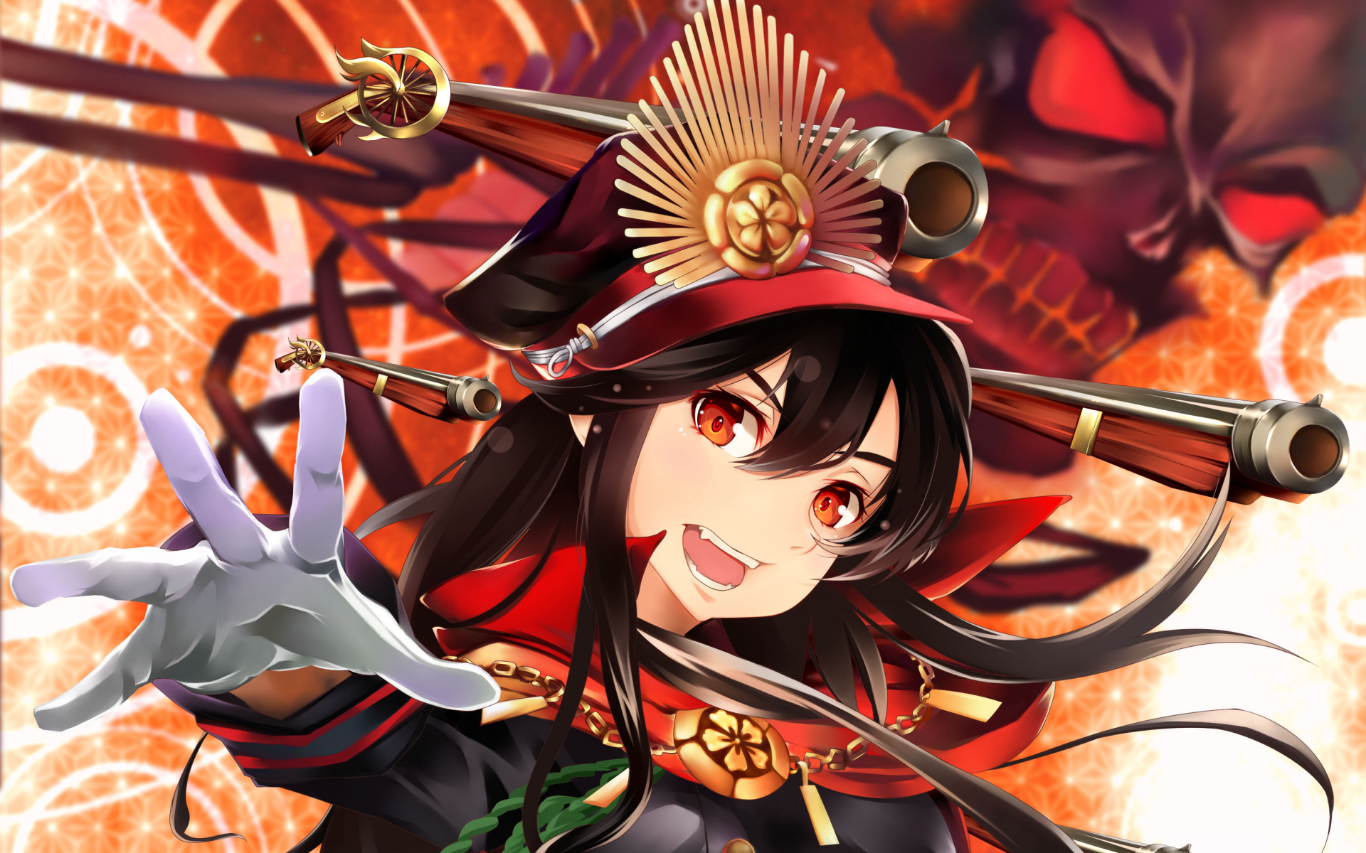 HD desktop wallpaper featuring Oda Nobunaga from Fate/Grand Order, depicted in vibrant anime style with a dynamic and confident pose against an intricate background.
