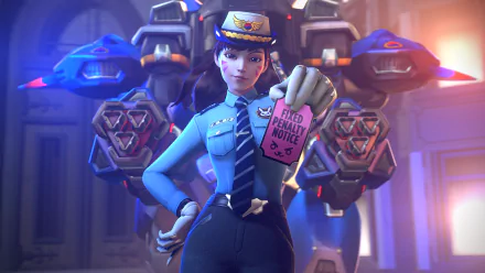 HD desktop wallpaper featuring D.Va from Overwatch in a police uniform holding a fixed penalty notice, with her mech in the background.