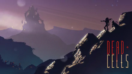 HD Dead Cells wallpaper featuring silhouette of protagonist against mountainous backdrop with ominous castle in the background.