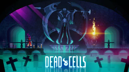 HD desktop wallpaper and background of Dead Cells game featuring a character silhouette, a menacing reaper, and atmospheric dungeon with blue tones.