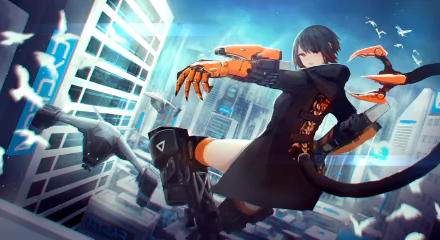 HD anime-style original desktop wallpaper featuring a futuristic girl with mechanical arms set against a vibrant cityscape background.