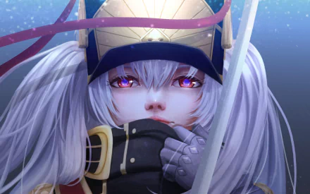 HD desktop wallpaper featuring Gunpuku no Himegimi, a character from the anime Re:Creators, with a detailed, close-up image showing her white hair, helmet, and intense gaze.