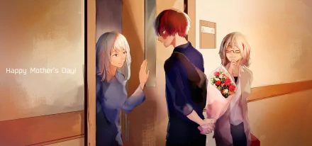 Anime Mother's Day HD wallpaper featuring Shoto Todoroki from My Hero Academia, with flowers behind his back, standing with two women near a doorway.