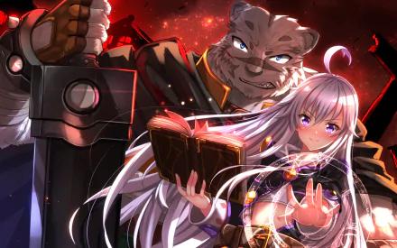 HD desktop wallpaper featuring Mercenary and Zero from the anime Grimoire of Zero. Mercenary stands with a massive sword while Zero holds a glowing book, set against a fiery background.