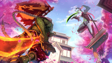 HD desktop wallpaper featuring an intense battle between Heroes of the Storm and Overwatch’s Genji samurai, set amid vibrant sakura blossoms and traditional Japanese architecture.
