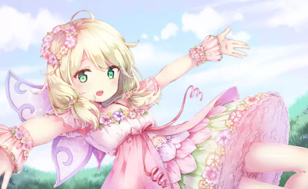 HD PC desktop wallpaper featuring Kozue Yusa from the anime The iDOLM@STER Cinderella Girls in a pink floral dress with fairy wings against a bright blue sky.