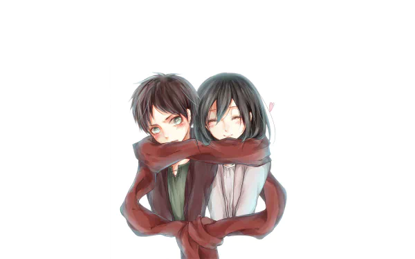 Eren Yeager and Mikasa Ackerman embrace, featuring vibrant colors and expressive faces. This HD anime wallpaper captures a touching moment from Attack on Titan.