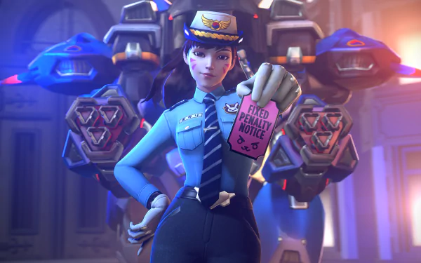 HD desktop wallpaper featuring D.Va from Overwatch in a police uniform holding a fixed penalty notice, with her mech in the background.