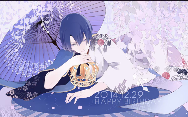 Hijirikawa Masato (Uta no Prince-sama) reclining beneath a purple parasol in a floral kimono, hand resting on a crown; 2K Quad HD anime PC desktop wallpaper with 2014.12.29 HAPPY BIRTHDAY text.