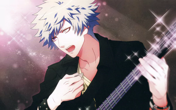 Kurosaki Ranmaru from Uta no Prince-sama singing and playing bass in a stylized anime portrait, 4K Ultra HD PC desktop wallpaper/background.