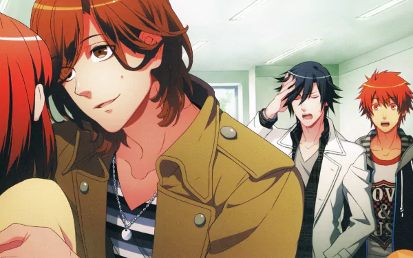 Uta no Prince-sama 4K wallpaper showing Nanami Haruka and Kotobuki Reiji in the foreground, Ichinose Tokiya clutching his head and Ittoki Otoya standing at right in a bright room.