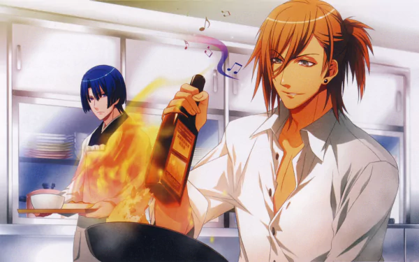 4K Ultra HD PC wallpaper of Jinguji Ren and Hijirikawa Masato from Uta no Prince-sama—Ren holds a bottle while Masato cooks over a flaming pan in a bright kitchen.