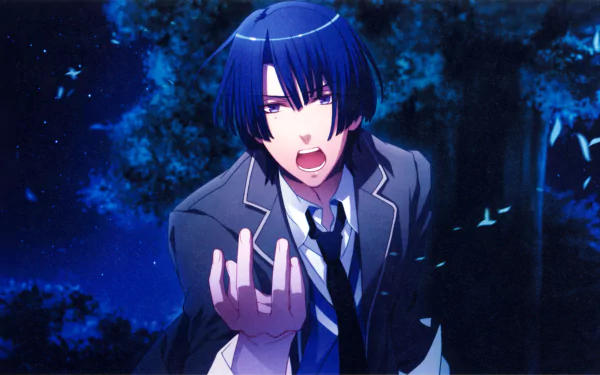Hijirikawa Masato (Uta no Prince-sama) — blue-haired anime character in school uniform reaching out and singing in a moonlit forest; 5K Ultra HD PC desktop wallpaper.