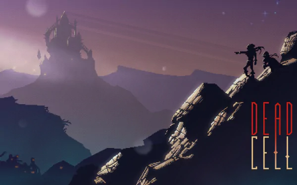 HD Dead Cells wallpaper featuring silhouette of protagonist against mountainous backdrop with ominous castle in the background.