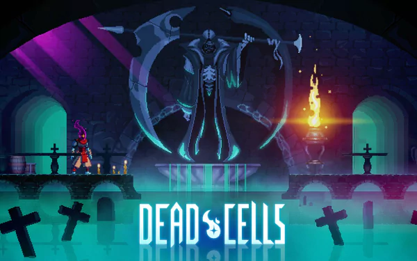 HD desktop wallpaper and background of Dead Cells game featuring a character silhouette, a menacing reaper, and atmospheric dungeon with blue tones.