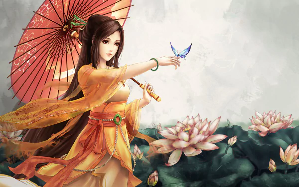 Fantasy-style HD wallpaper of an Asian woman with long brown hair and eyes, holding a parasol among blooming lotus flowers in a serene spring setting.