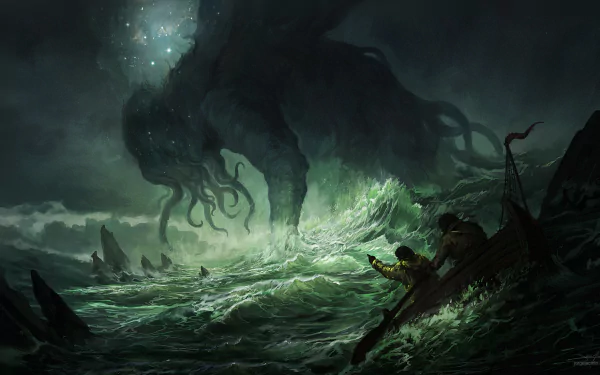 HD fantasy desktop wallpaper depicting a colossal Cthulhu rising from stormy waters, with two frightened sailors in a small boat witnessing the awe-inspiring and terrifying sight.