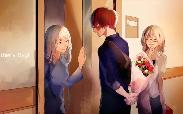 Anime Mother's Day HD wallpaper featuring Shoto Todoroki from My Hero Academia, with flowers behind his back, standing with two women near a doorway.