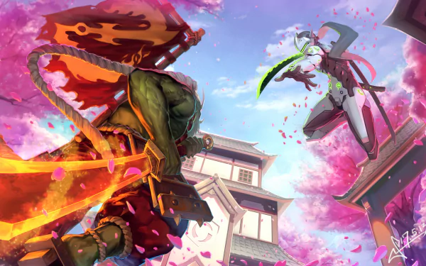 HD desktop wallpaper featuring an intense battle between Heroes of the Storm and Overwatch’s Genji samurai, set amid vibrant sakura blossoms and traditional Japanese architecture.
