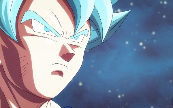 Close-up of a determined Dragon Ball Super character with blue hair, captured in vivid detail for an 8K Ultra HD anime desktop wallpaper background.