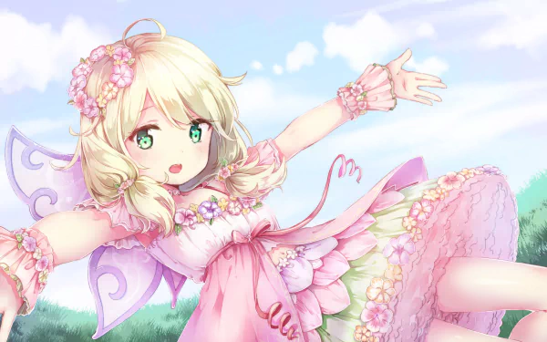 HD PC desktop wallpaper featuring Kozue Yusa from the anime The iDOLM@STER Cinderella Girls in a pink floral dress with fairy wings against a bright blue sky.