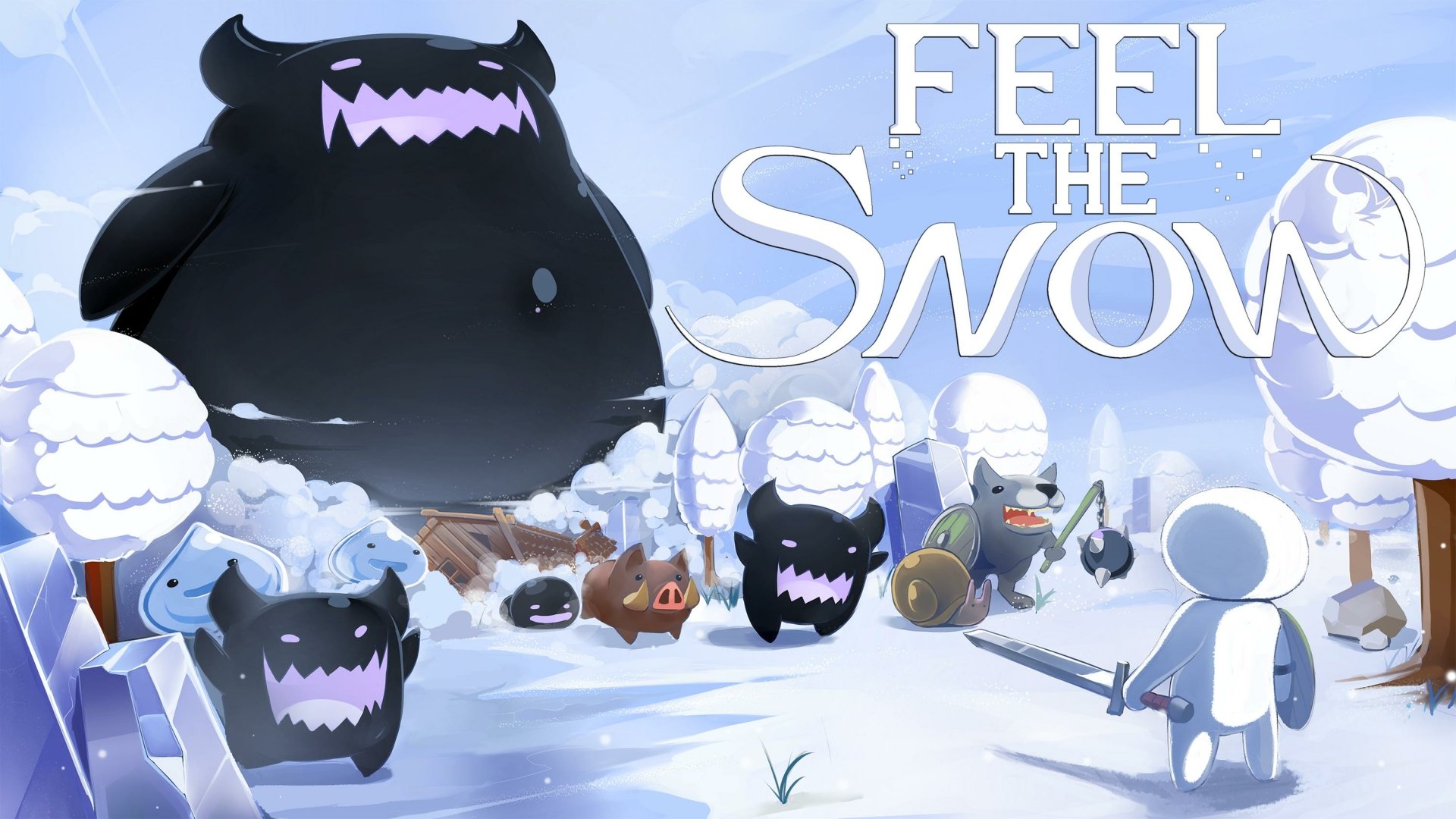 HD desktop wallpaper for Feel The Snow depicting cartoon-style creatures in a snowy landscape with the game's title displayed prominently.