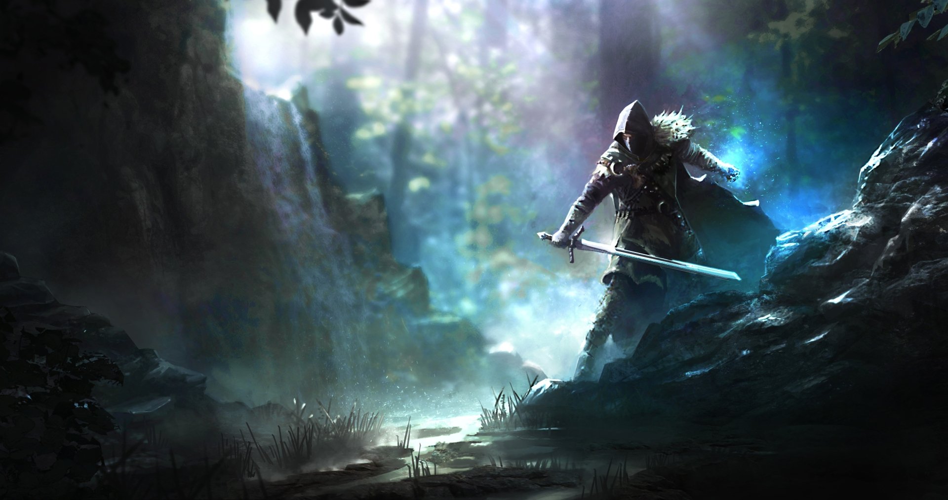 A warrior with a sword stands in a misty forest, illuminated by ethereal light, from the video game ELEX in stunning 4K Ultra HD quality.