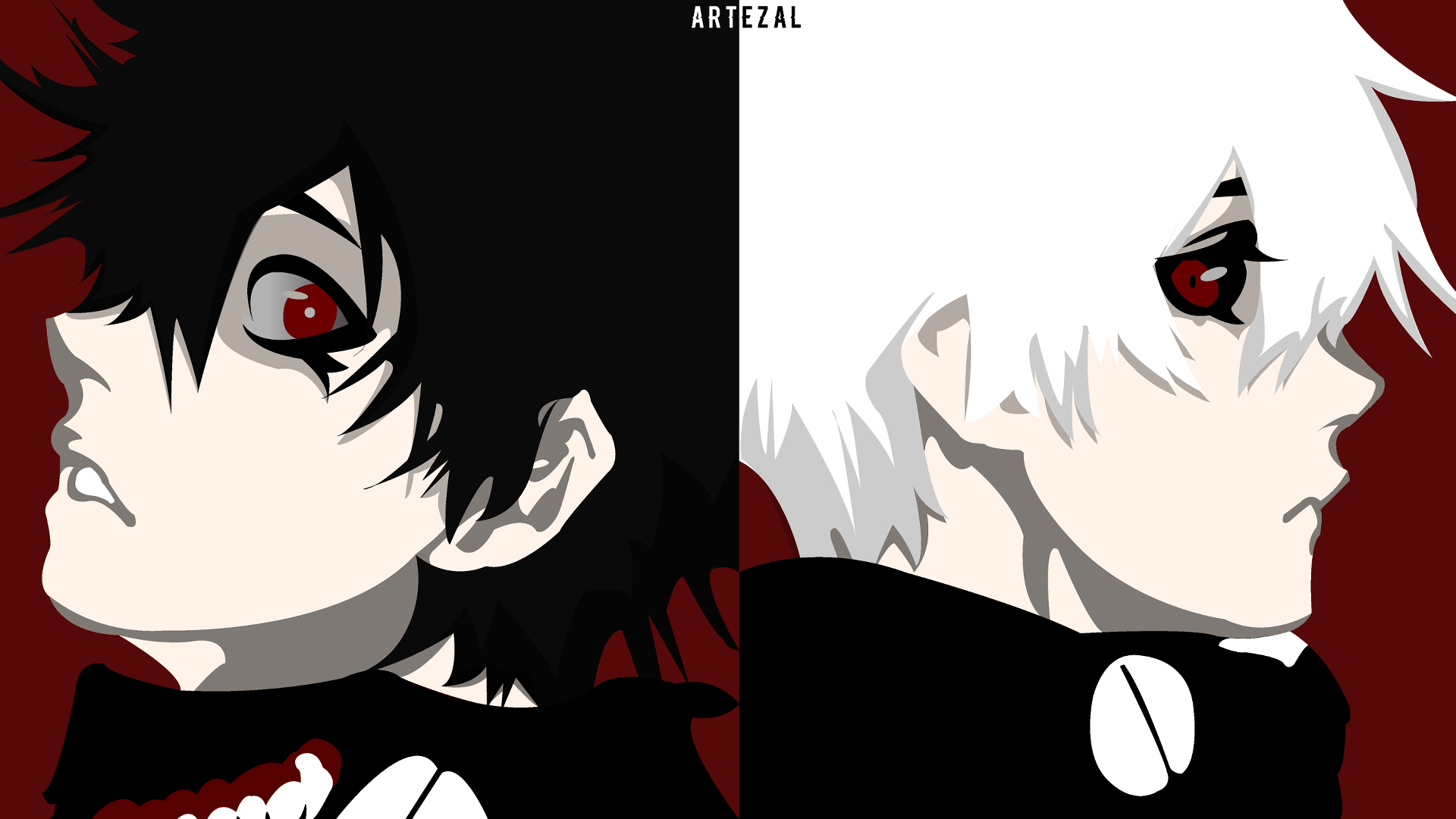 HD PC desktop wallpaper featuring Ken Kaneki from the anime Tokyo Ghoul, showcasing his dual black and white hair and distinctive red eyes in contrasting halves.