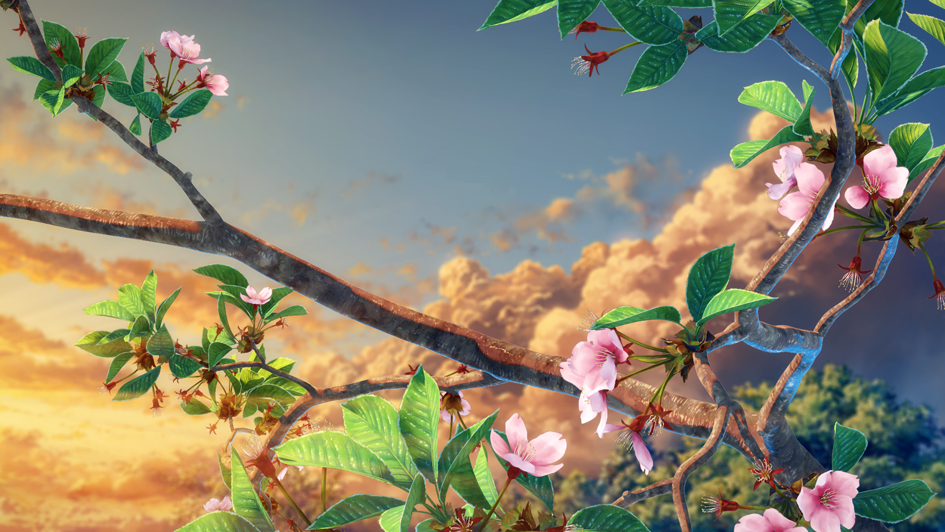 HD desktop wallpaper featuring an original anime-style art of cherry blossoms and lush green leaves against a vibrant backdrop of a golden sunset and dramatic clouds.
