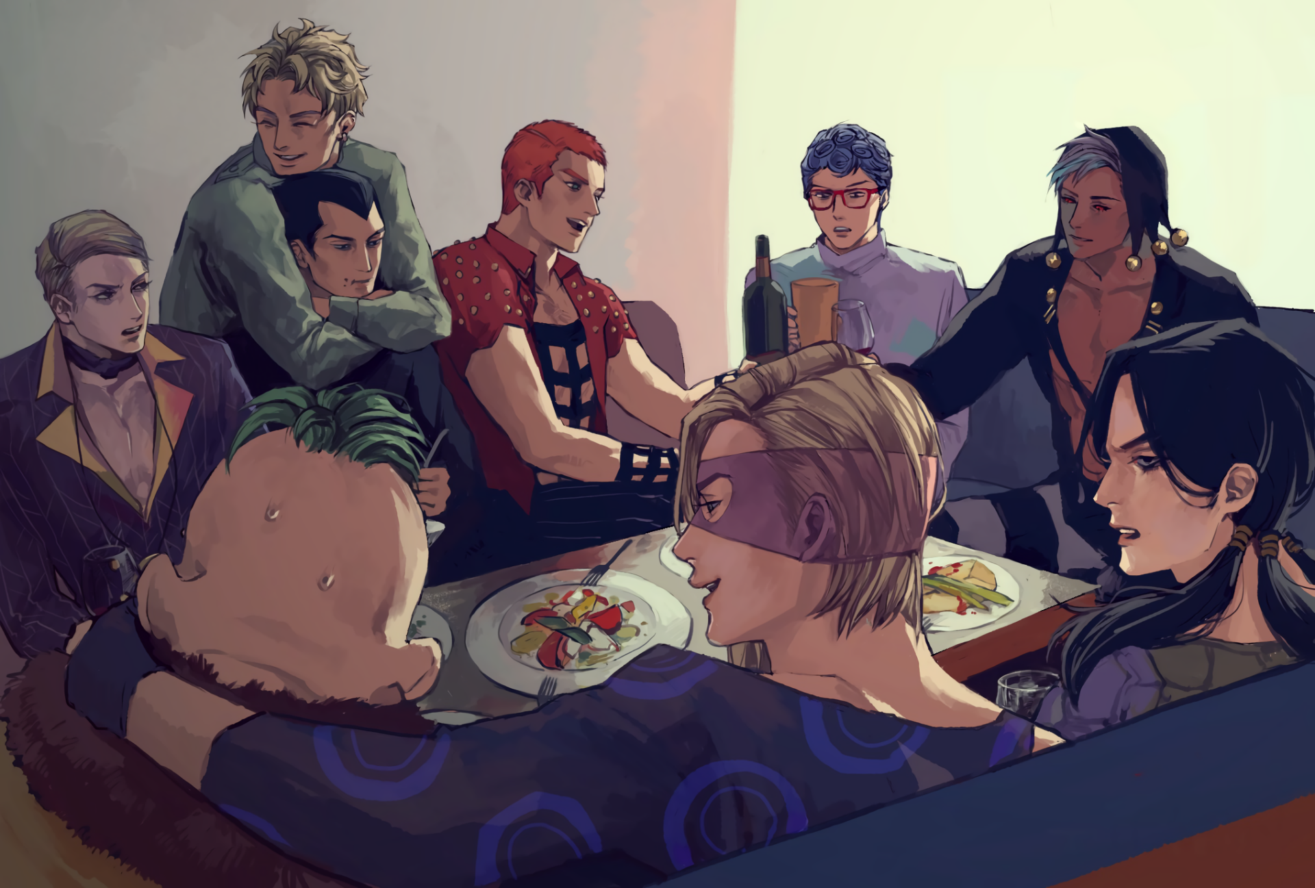 HD PC desktop wallpaper featuring a group of Jojo's Bizarre Adventure anime characters gathered around a table sharing a meal.