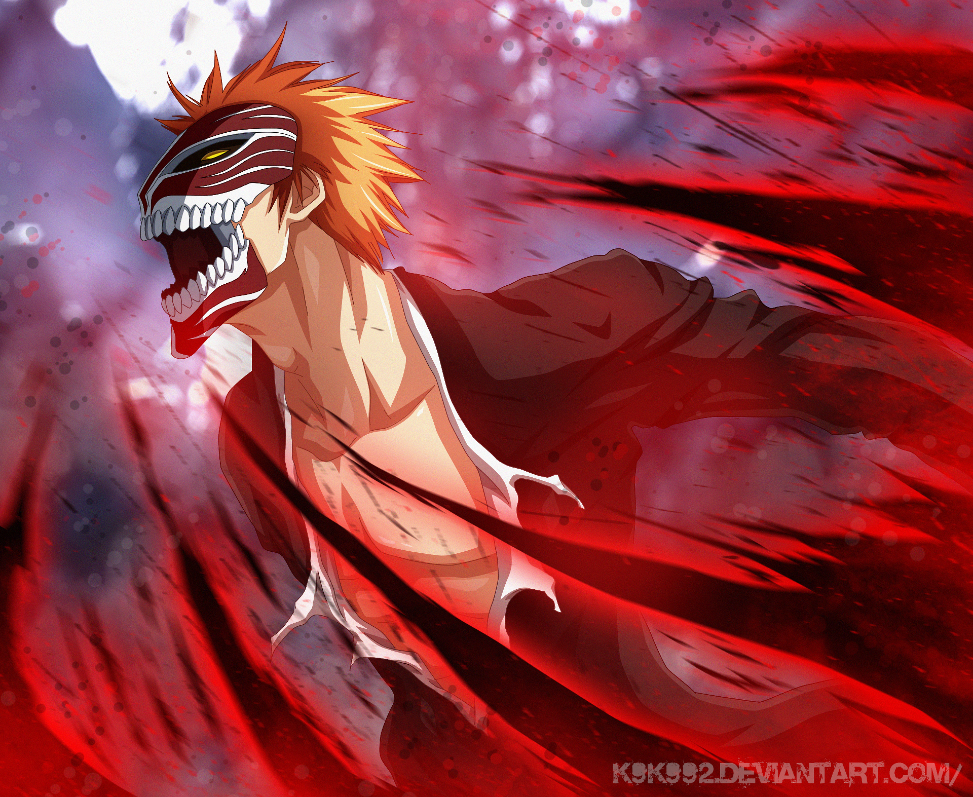 HD desktop wallpaper of Ichigo Kurosaki from the anime Bleach, showcasing the character in a dynamic and intense pose with vibrant red and black hues surrounding him.