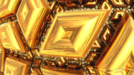 A 3D abstract fractal geometric pattern in vibrant orange and gold hues, resembling faceted gems, created with Mandelbulb 3D for an HD PC desktop wallpaper.