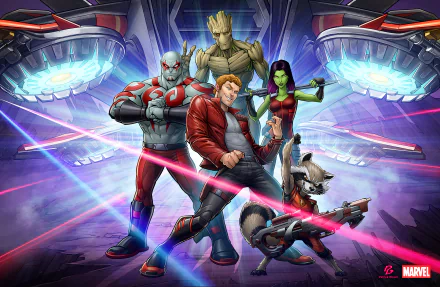HD PC desktop wallpaper featuring Guardians of the Galaxy characters Star Lord, Rocket Raccoon, Gamora, Peter Quill, Drax the Destroyer, and Groot in action.