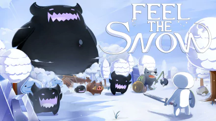 HD desktop wallpaper for Feel The Snow depicting cartoon-style creatures in a snowy landscape with the game's title displayed prominently.