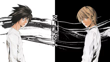 HD anime wallpaper featuring L and Light Yagami from Death Note, showcasing a striking black and white contrast with dynamic ink brush effects.