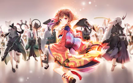 HD anime desktop wallpaper featuring a vibrant Onmyoji character in traditional attire, surrounded by mystical figures in a glowing, ethereal background.