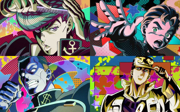 Colorful HD desktop background featuring Jotaro Kujo, Okuyasu Nijimura, Koichi Hirose, and Josuke Higashikata from Anime Jojo’s Bizarre Adventure in a vibrant pop art style.