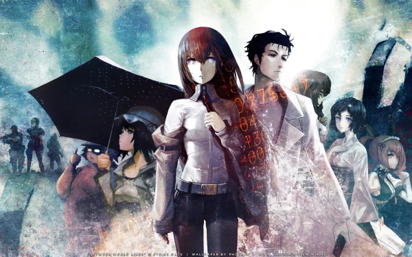 HD desktop wallpaper featuring characters Ruka Urushibara, Mayuri Shiina, Rintaro Okabe, Kurisu Makise, Moeka Kiryū, Itaru Hashida, Faris Nyannyan, and Suzuha Amane from the anime Steins;Gate.