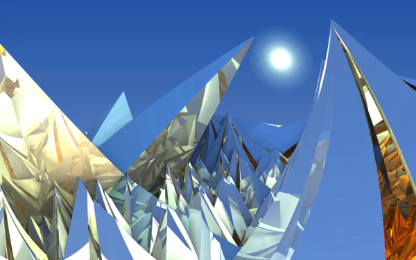 Abstract blue 3D fractal geometry with sharp white spikes and reflective surfaces created in Mandelbulb 3D, set against a clear blue sky with a bright sun.