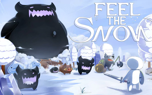 HD desktop wallpaper for Feel The Snow depicting cartoon-style creatures in a snowy landscape with the game's title displayed prominently.